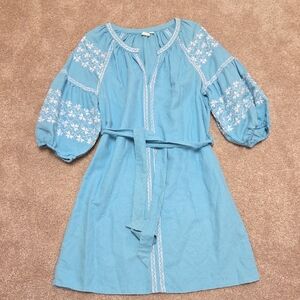 Blue Embroidered Dress with Belt